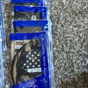 6 Silicone Swim Caps - Black and Blue